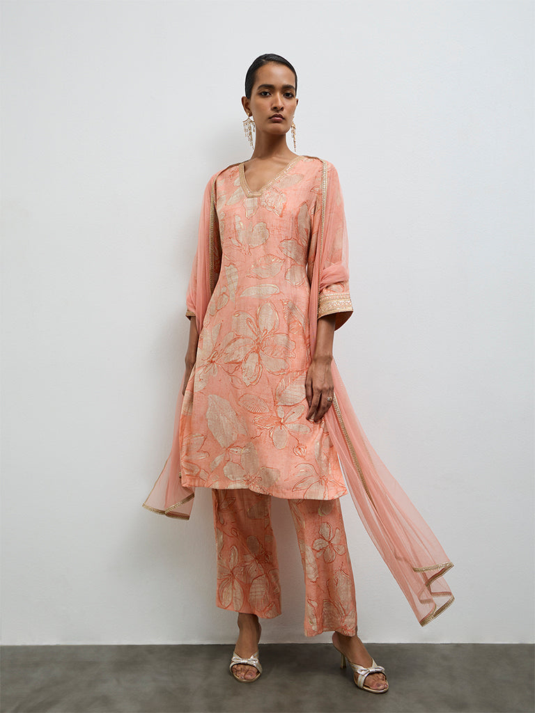Vark Peach Floral Printed A-Line Ethnic Set