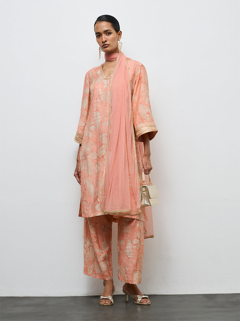 Vark Peach Floral Printed A-Line Ethnic Set