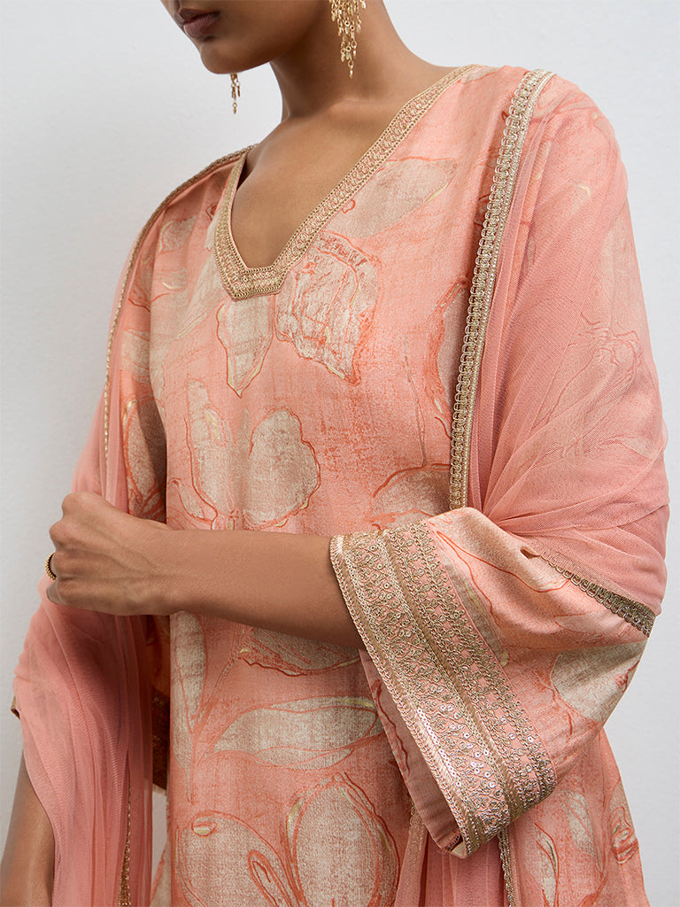 Vark Peach Floral Printed A-Line Ethnic Set