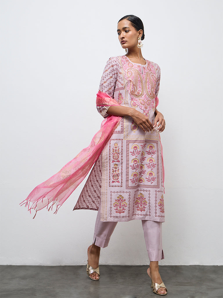 Vark Lilac Printed A-Line Kurta Ethnic Set