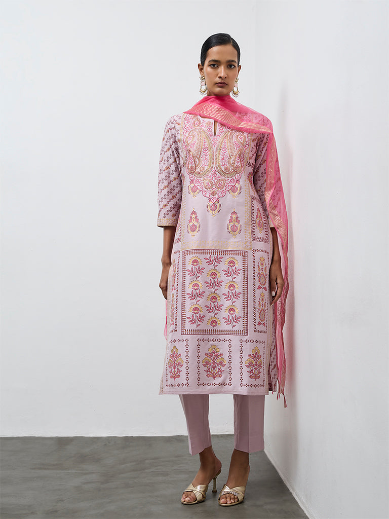 Vark Lilac Printed A-Line Kurta Ethnic Set