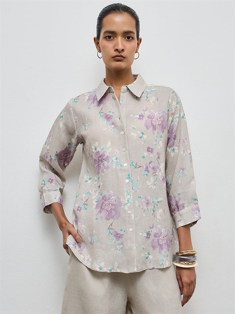Zuba Beige Floral Pattern Linen Tunic