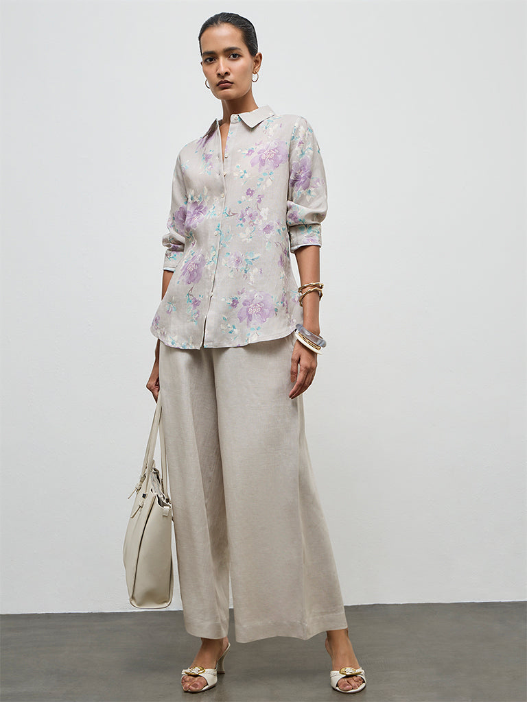 Zuba Beige Floral Pattern Linen Tunic