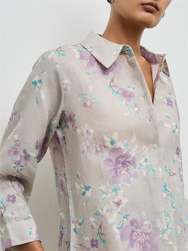 Zuba Beige Floral Pattern Linen Tunic