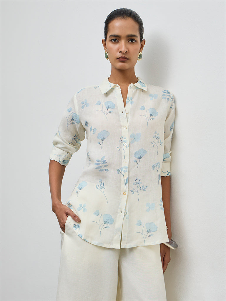 Zuba Off-White Floral Pattern Linen Tunic