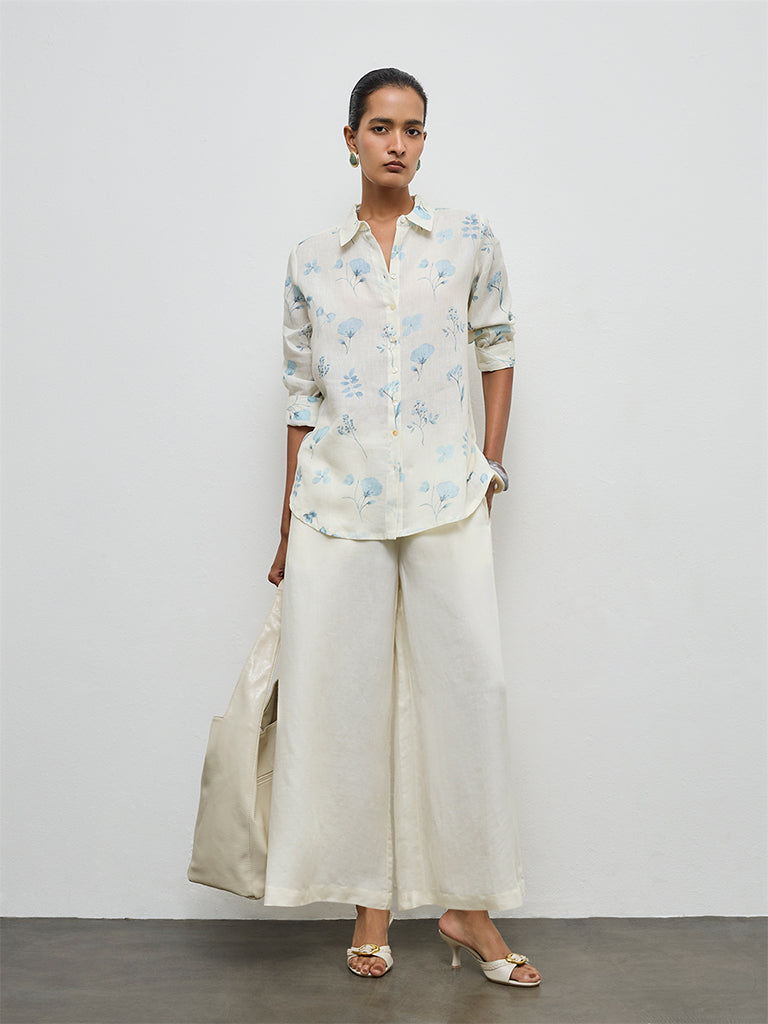 Zuba Off-White Floral Pattern Linen Tunic