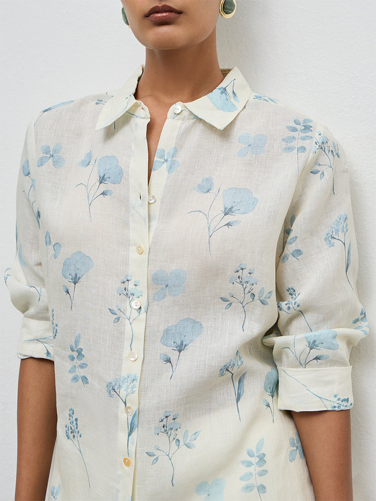 Zuba Off-White Floral Pattern Linen Tunic