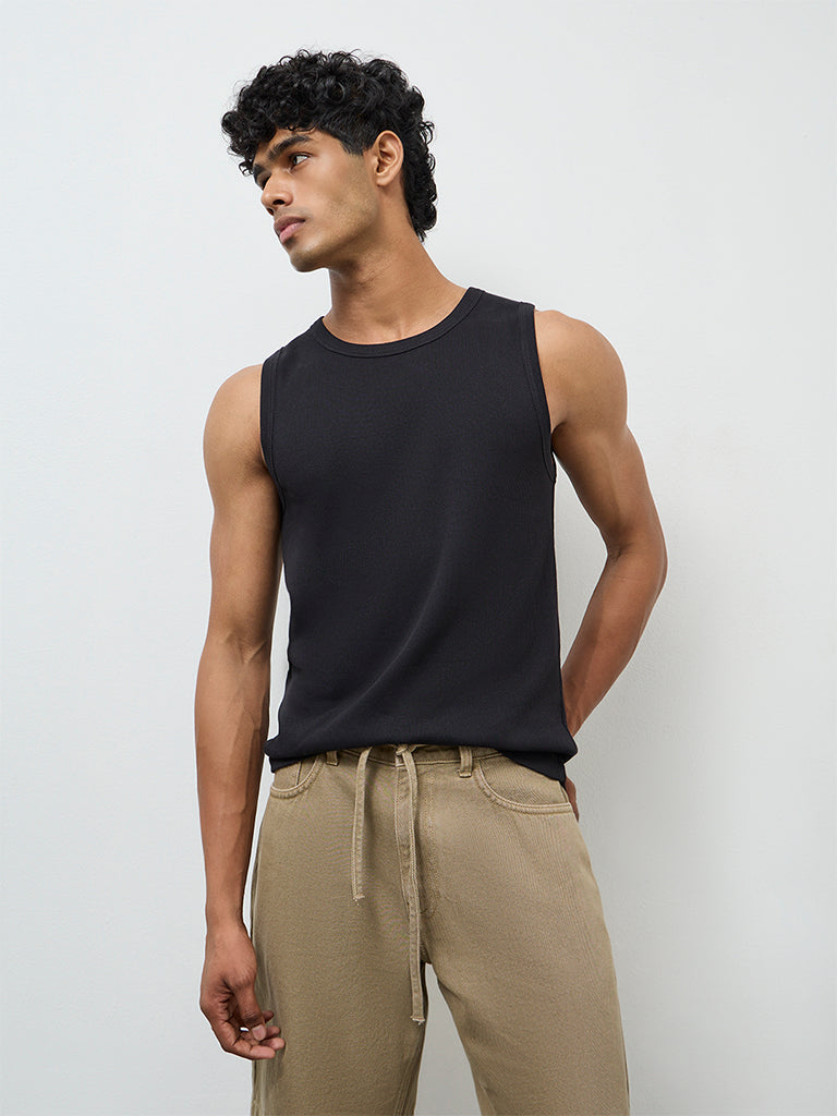Nuon Black Ribbed Slim-Fit Cotton-Blend T-Shirt