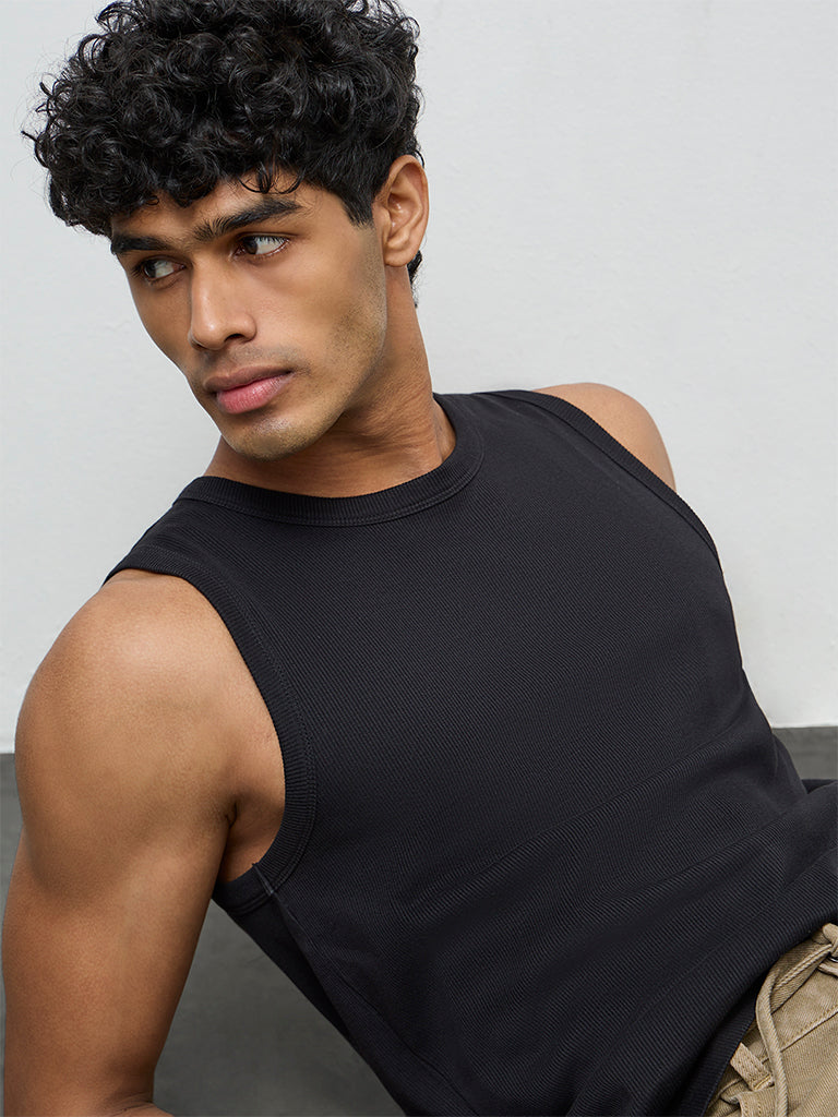 Nuon Black Ribbed Slim-Fit Cotton-Blend T-Shirt