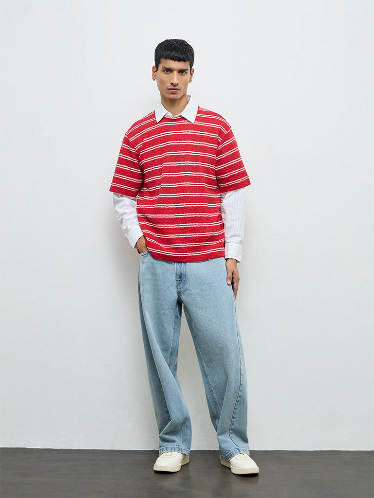 Nuon Red Striped Relaxed-Fit Cotton T-Shirt