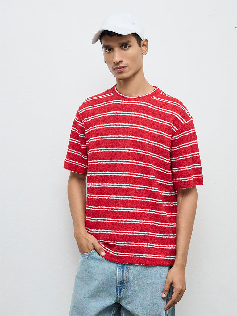 Nuon Red Striped Relaxed-Fit Cotton T-Shirt