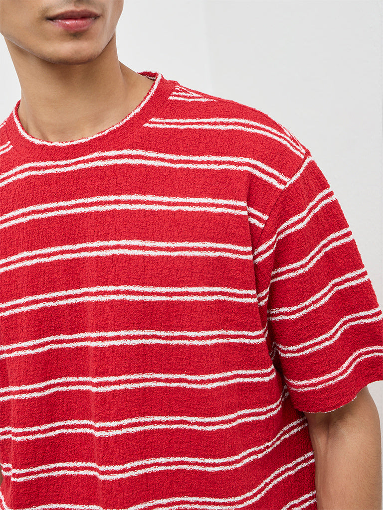 Nuon Red Striped Relaxed-Fit Cotton T-Shirt