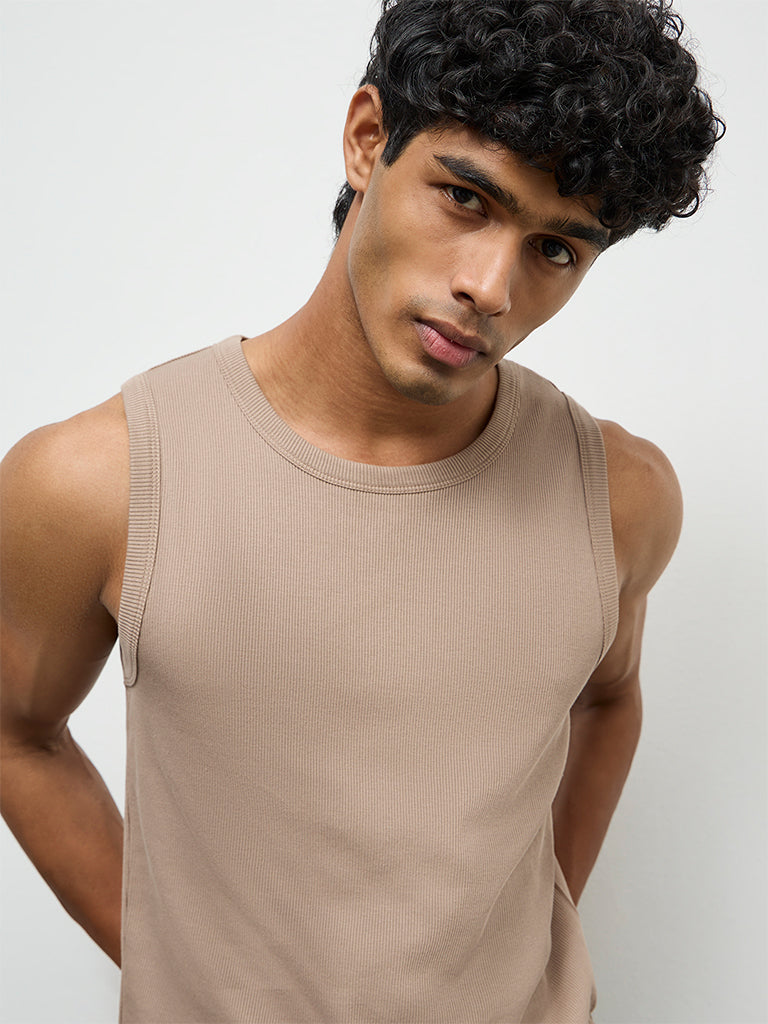 Nuon Taupe Ribbed-Textured Slim-Fit Cotton-Blend T-Shirt
