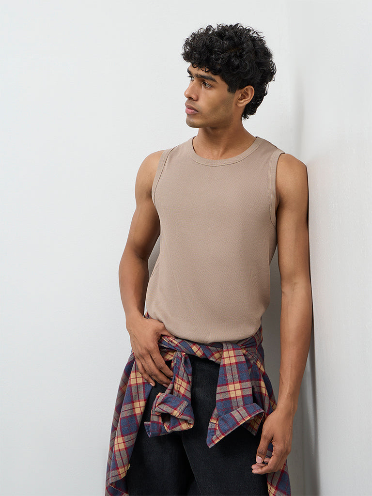 Nuon Taupe Ribbed-Textured Slim-Fit Cotton-Blend T-Shirt