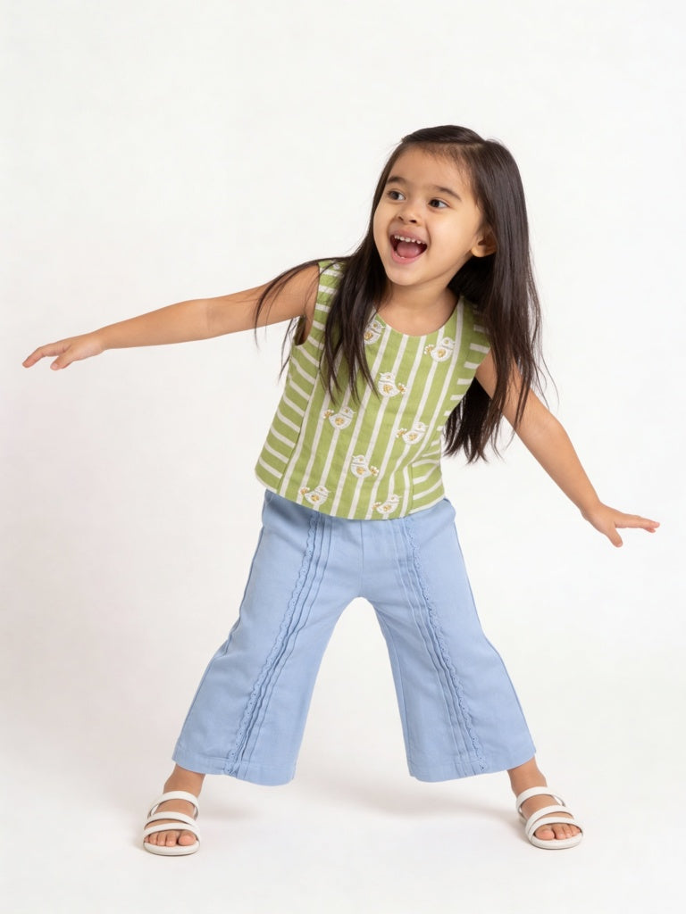 Utsa Kids Girls Blue Embroidered High-Rise Cotton-Blend Pants - (2-8 yrs)