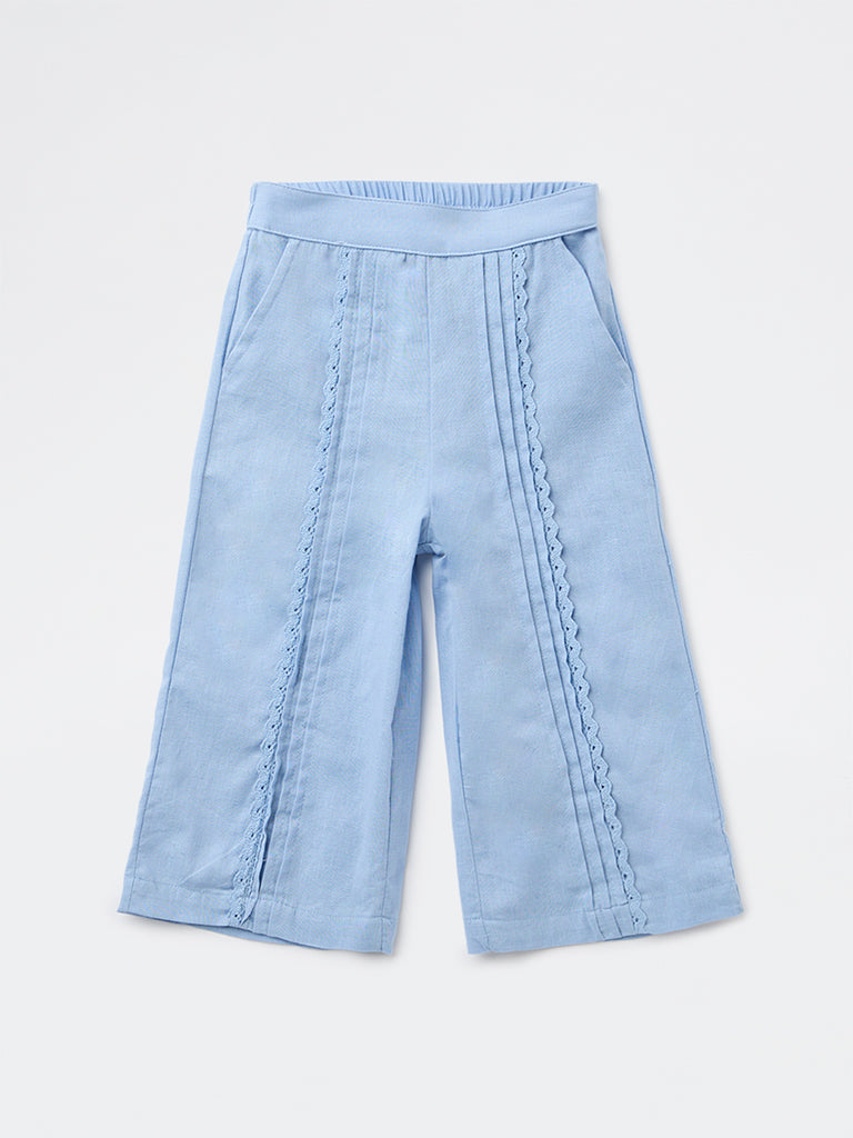 Utsa Kids Girls Blue Embroidered High-Rise Cotton-Blend Pants - (2-8 yrs)