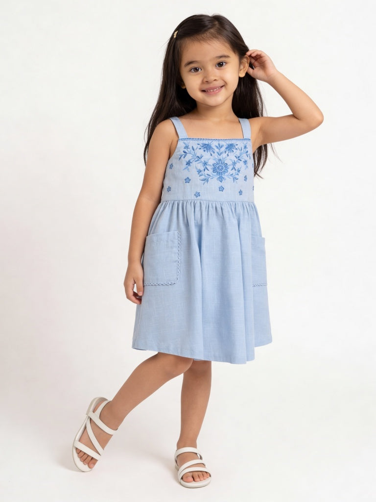 Utsa Kids Girls Light Blue Embroidered A-Line Cotton Dress - (2-8 yrs)