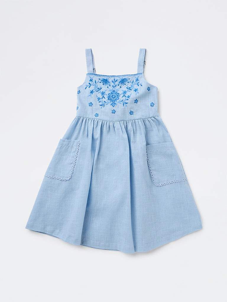 Utsa Kids Girls Light Blue Embroidered A-Line Cotton Dress - (2-8 yrs)