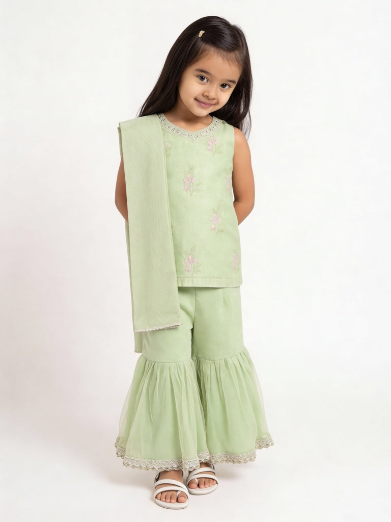 Utsa Kids Girls Mint Embroidered A-Line Kurta and Sharara Set - (2-8 years)