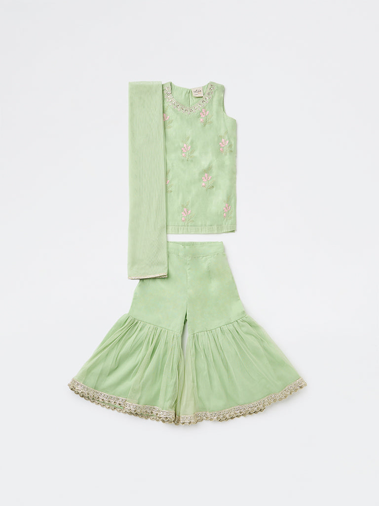 Utsa Kids Girls Mint Embroidered A-Line Kurta and Sharara Set - (2-8 years)