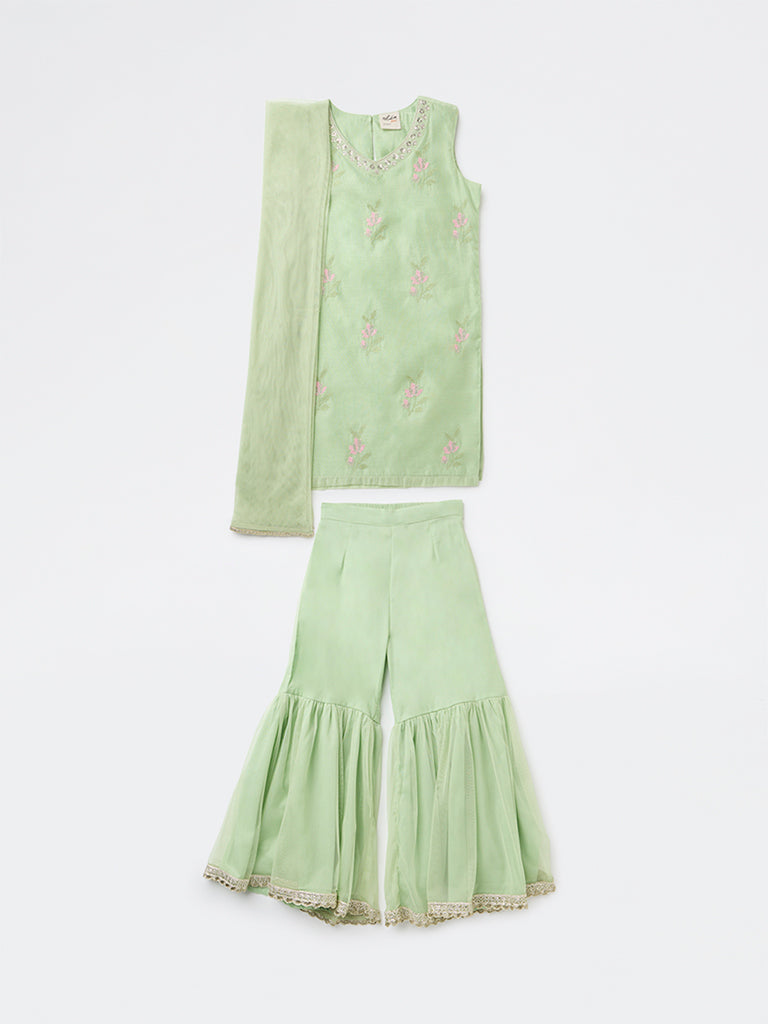 Utsa Kids Girls Mint Embroidered A-Line Kurta and Sharara Set - (8-14 years)