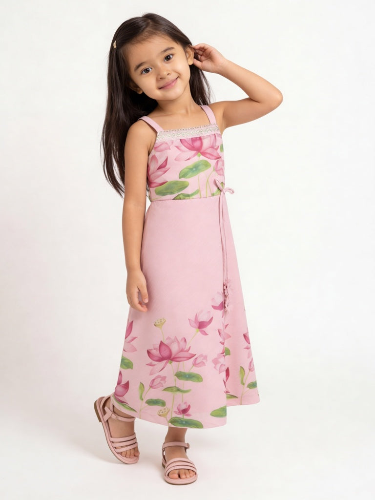 Utsa Kids Girls Pink Floral Printed A-Line Dress - (2-8 years)