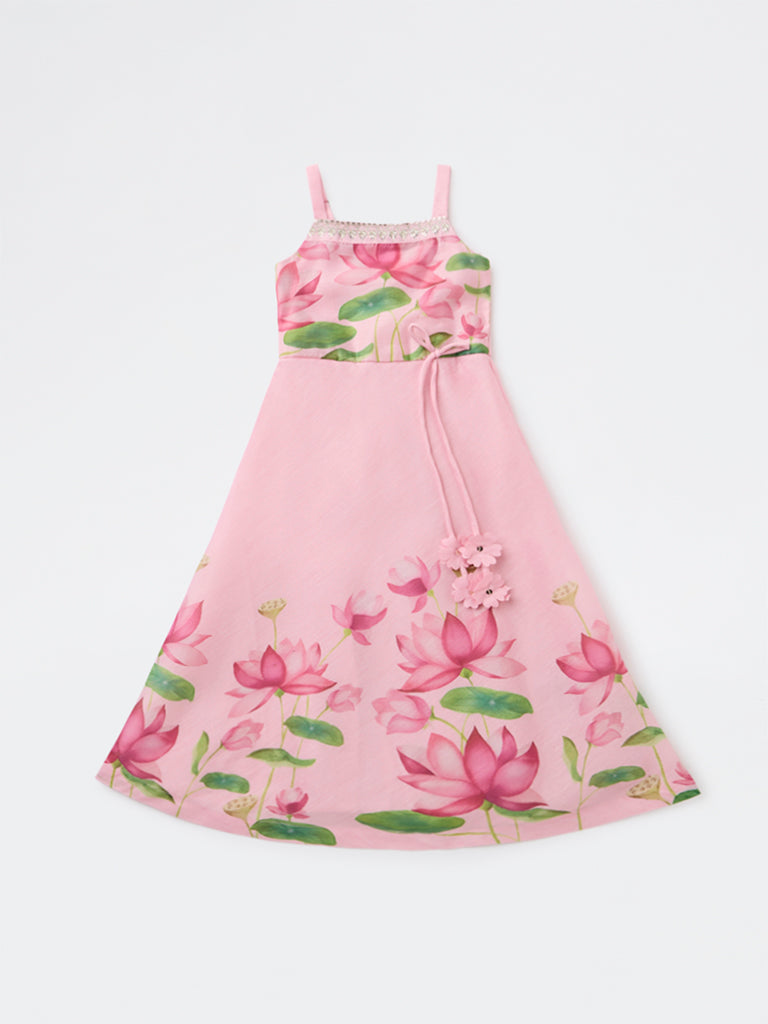 Utsa Kids Girls Pink Floral Printed A-Line Dress - (2-8 years)