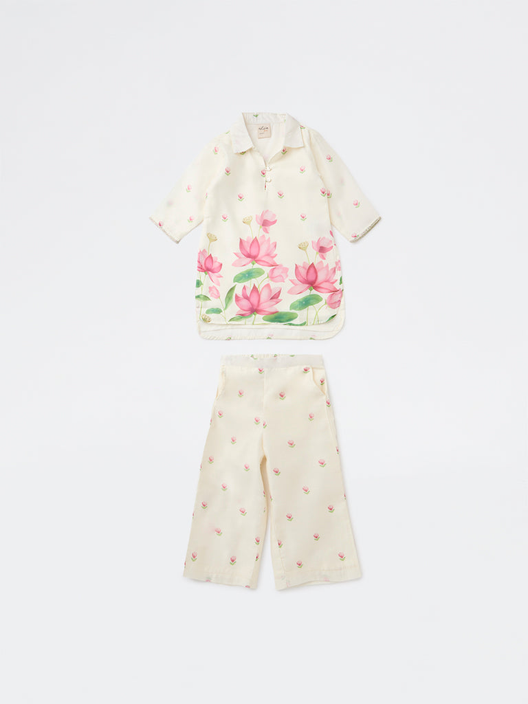 Utsa Kids Girls Off-White Floral Printed Blouse and Pants Set - (2-8 years)