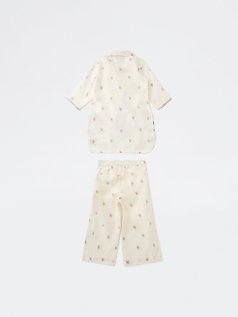 Utsa Kids Girls Off-White Floral Printed Blouse and Pants Set - (2-8 years)