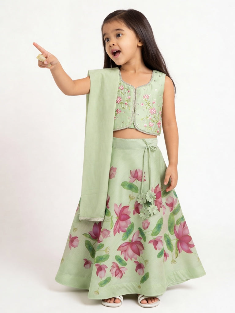Utsa Kids Girls Mint Floral Printed Top Skirt and Dupatta Set - (2-8 years)