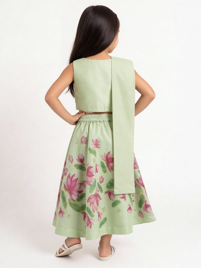 Utsa Kids Girls Mint Floral Printed Top Skirt and Dupatta Set - (2-8 years)