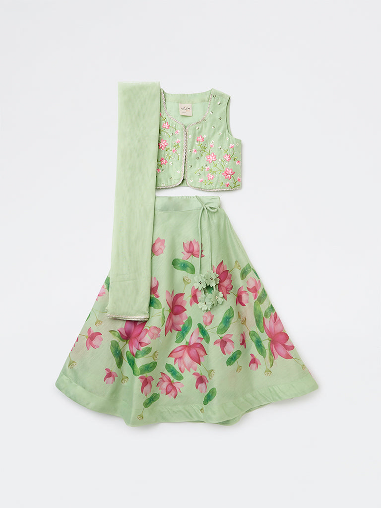 Utsa Kids Girls Mint Floral Printed Top Skirt and Dupatta Set - (2-8 years)