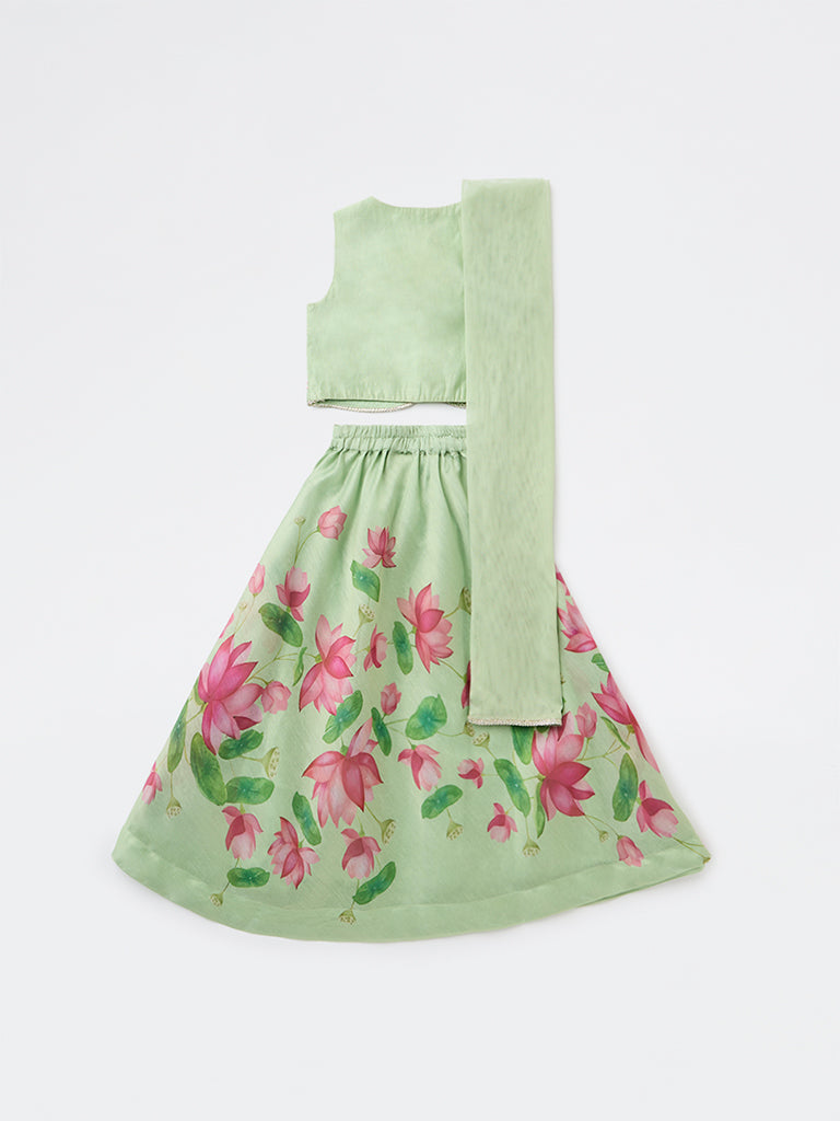 Utsa Kids Girls Mint Floral Printed Top Skirt and Dupatta Set - (2-8 years)