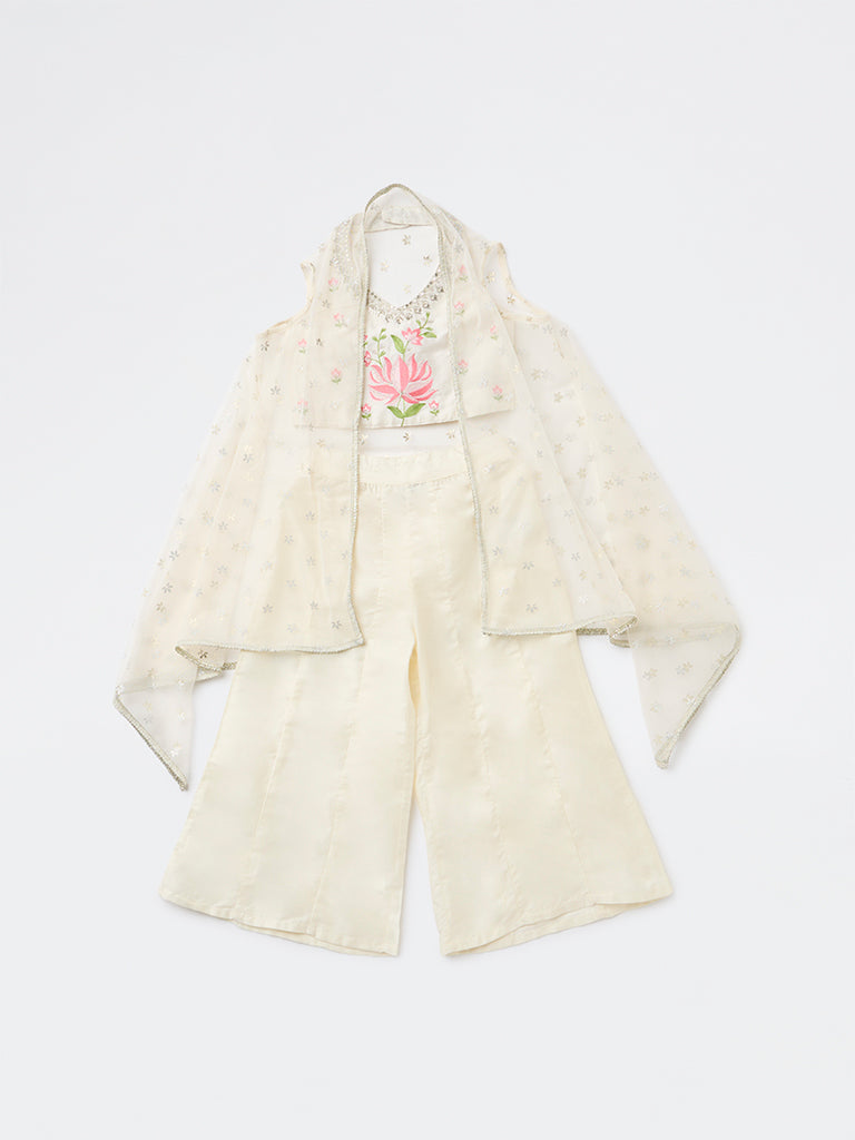 Utsa Kids Girls Off-White Floral Embroidered Top Palazzo and Shrug Set - (2-8 years)