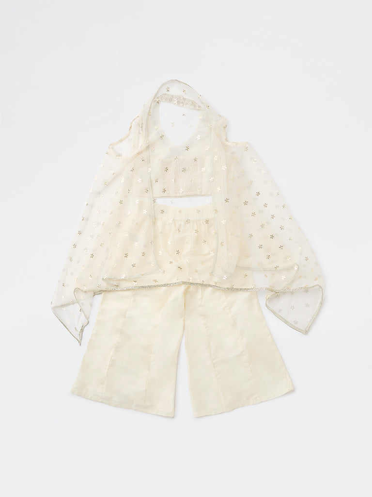Utsa Kids Girls Off-White Floral Embroidered Top Palazzo and Shrug Set - (2-8 years)