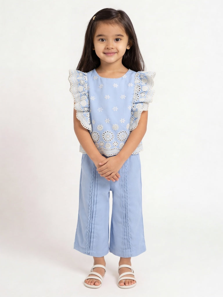 Utsa Kids Girls Blue Embroidered Cotton Top - (2-8 yrs)