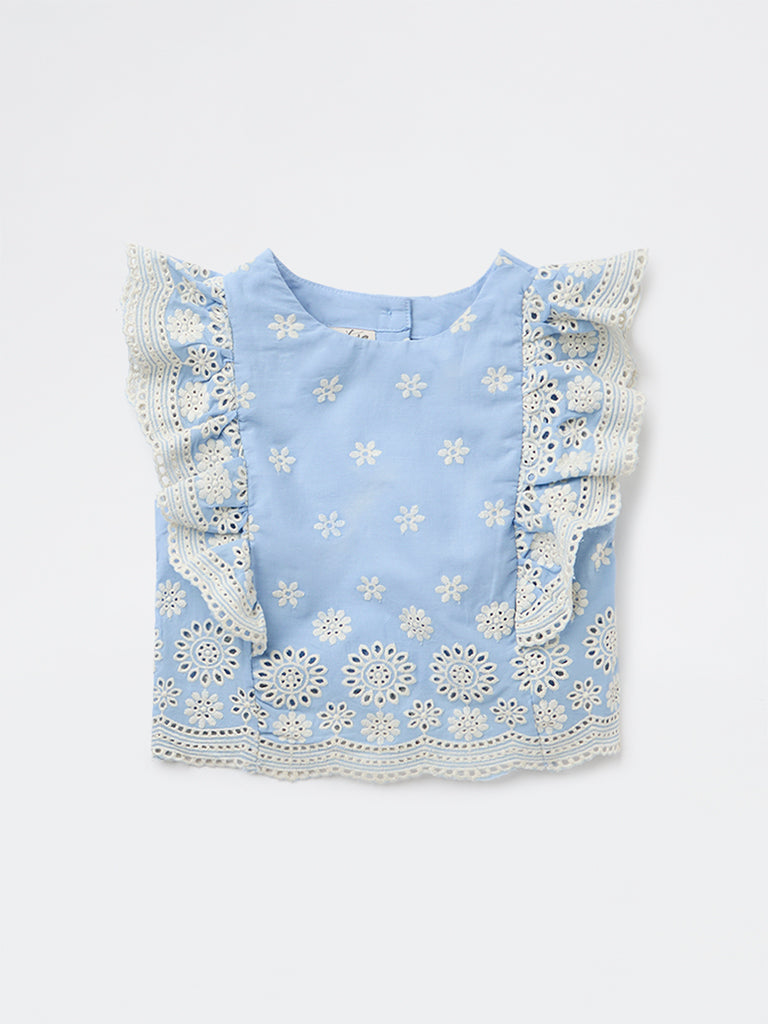 Utsa Kids Girls Blue Embroidered Cotton Top - (2-8 yrs)