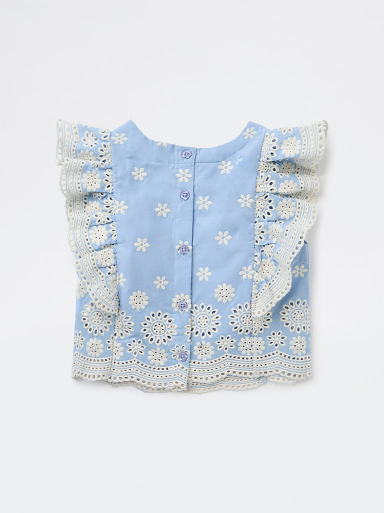 Utsa Kids Girls Blue Embroidered Cotton Top - (2-8 yrs)