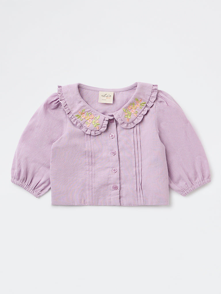 Utsa Kids Girls Lilac Embroidered Cotton-Blend Top - (2-8 yrs)