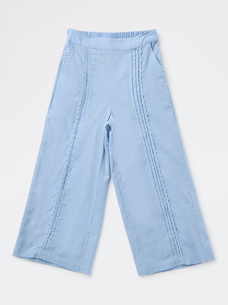 Utsa Kids Girls Blue Embroidered High-Rise Cotton-Blend Pants - (8-14 yrs)