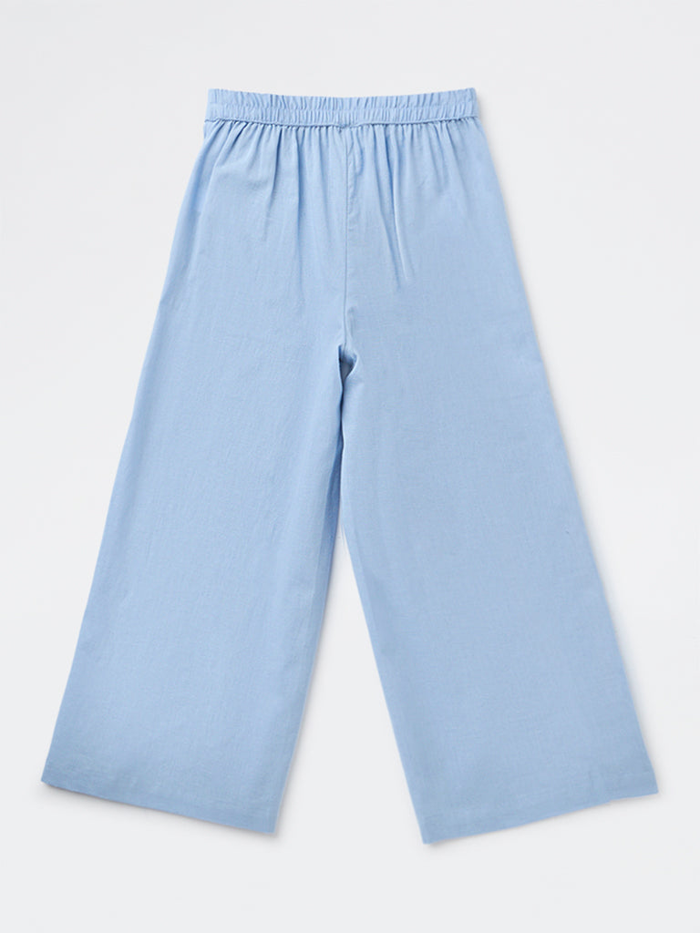 Utsa Kids Girls Blue Embroidered High-Rise Cotton-Blend Pants - (8-14 yrs)