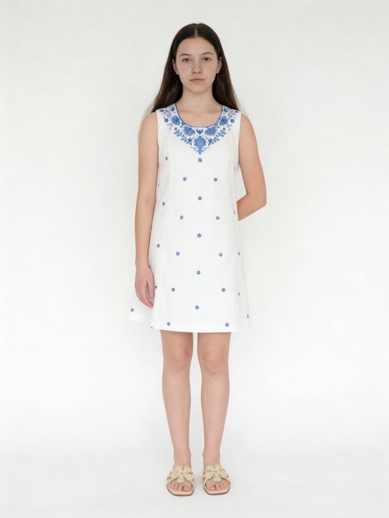 Utsa Kids Girls White Embroidered A-Line Cotton Dress- (8-14 yrs)