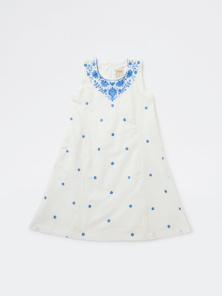 Utsa Kids Girls White Embroidered A-Line Cotton Dress- (8-14 yrs)