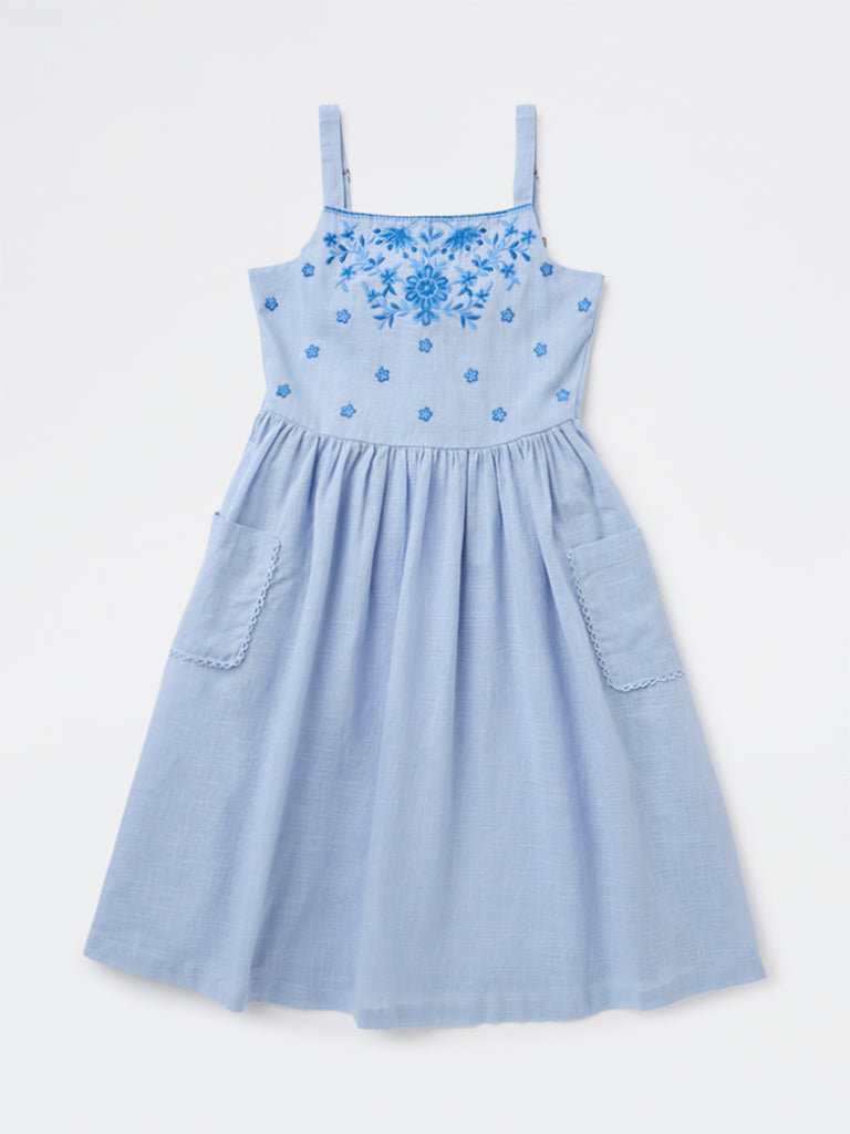 Utsa Kids Girls Blue Embroidered A-Line Cotton Dress - (8-14 yrs)