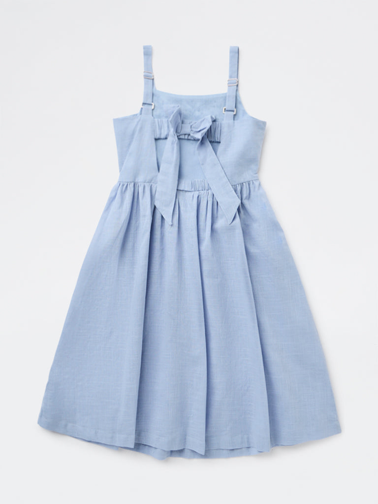 Utsa Kids Girls Blue Embroidered A-Line Cotton Dress - (8-14 yrs)