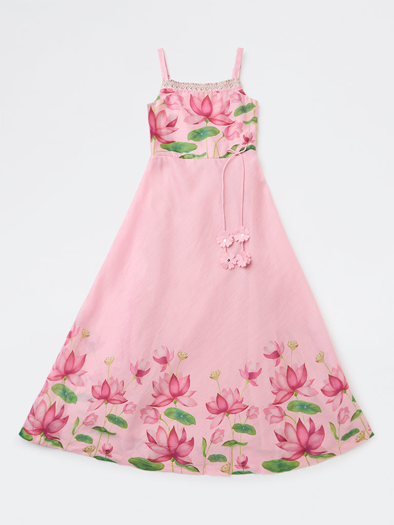 Utsa Kids Girls Pink Floral Printed A-Line Dress - (8-14 years)