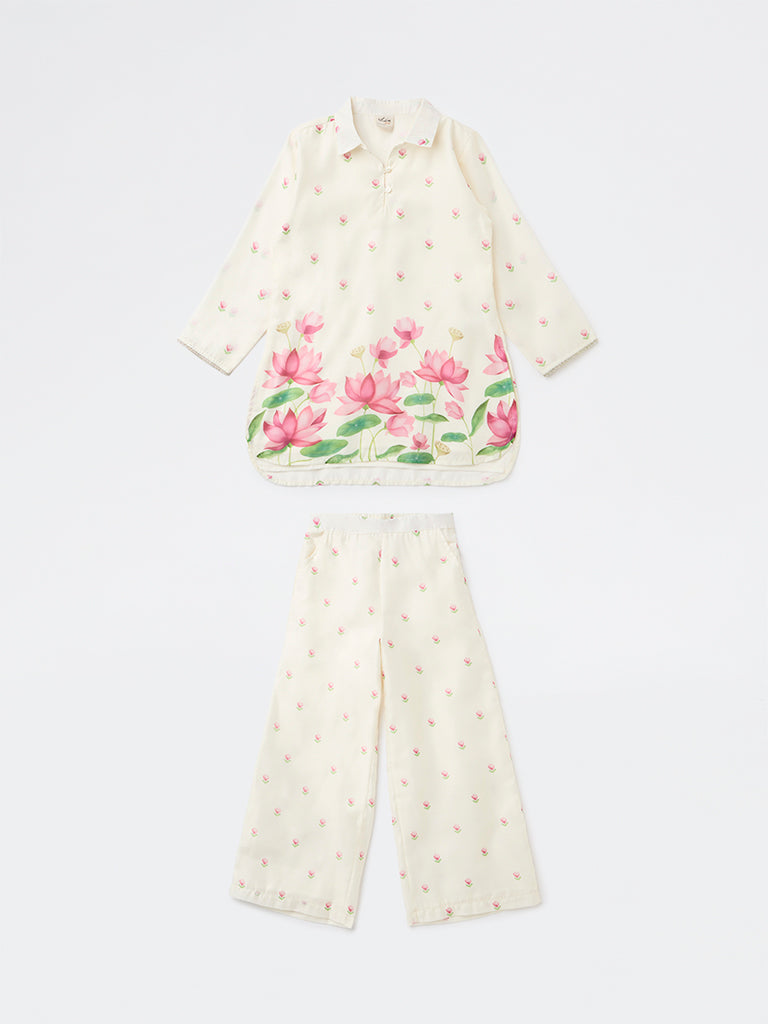 Utsa Kids Girls Off-White Floral Printed Blouse and Pants Set - (8-14 years)