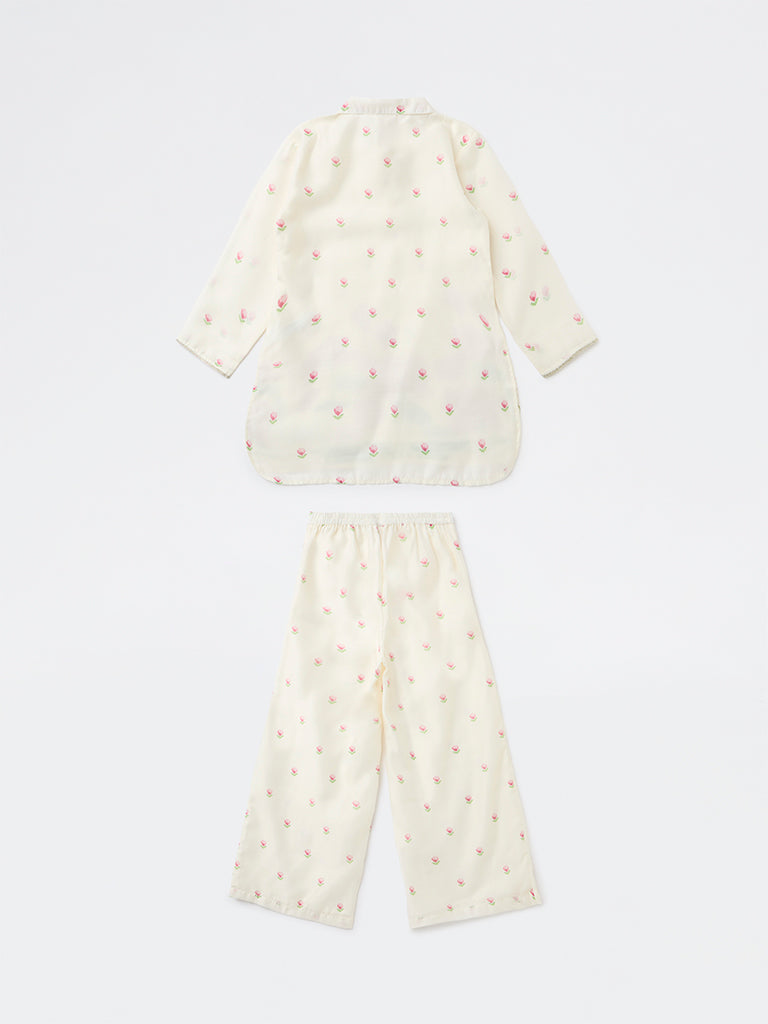 Utsa Kids Girls Off-White Floral Printed Blouse and Pants Set - (8-14 years)