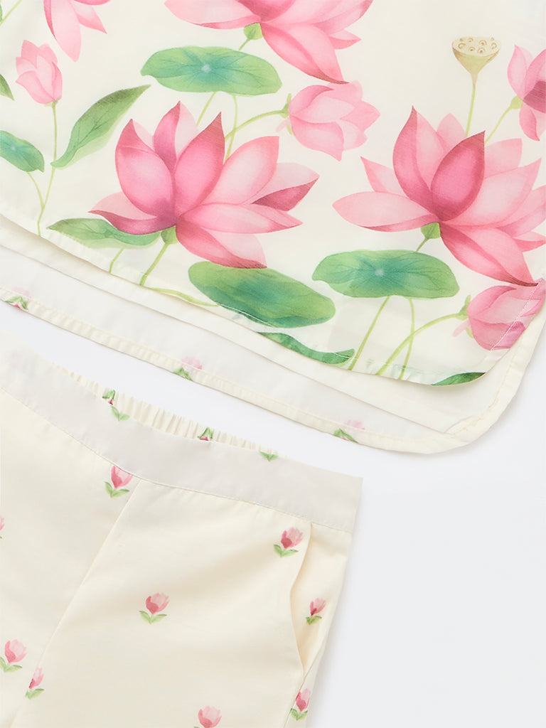 Utsa Kids Girls Off-White Floral Printed Blouse and Pants Set - (8-14 years)