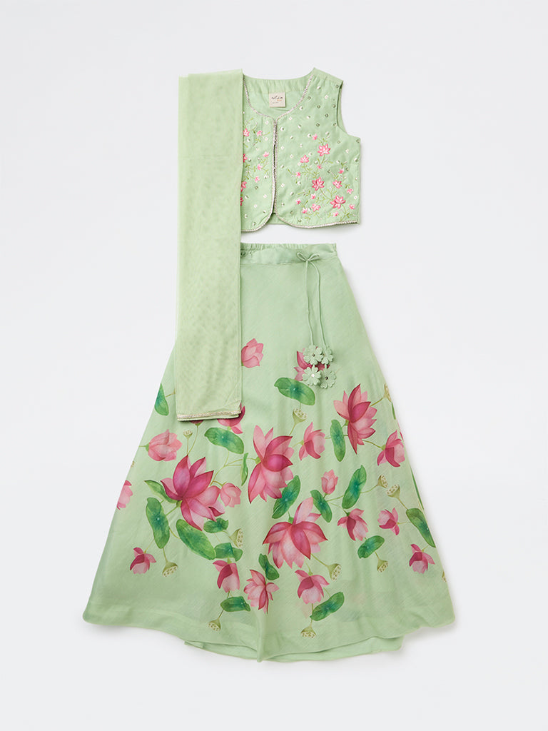 Utsa Kids Girls Mint Floral Printed Top Skirt and Dupatta Set - (8-14 years)